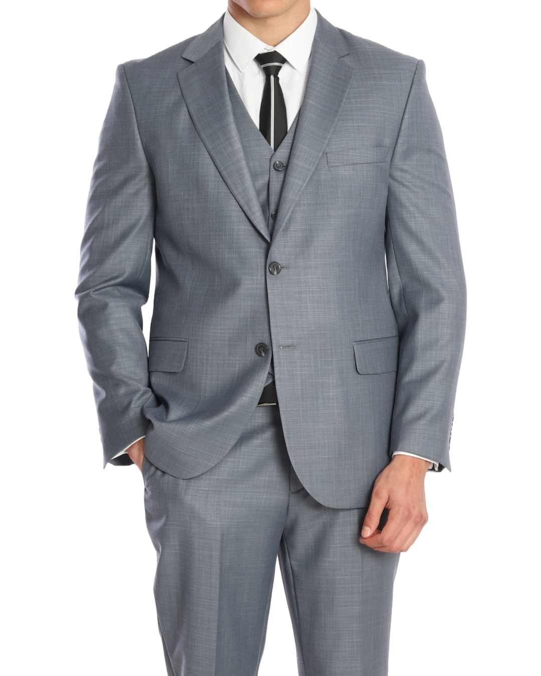 A Bluish Grey three piece suit with a plain design, consisting of a waistcoat, trousers, and a jacket with a notch lapel.