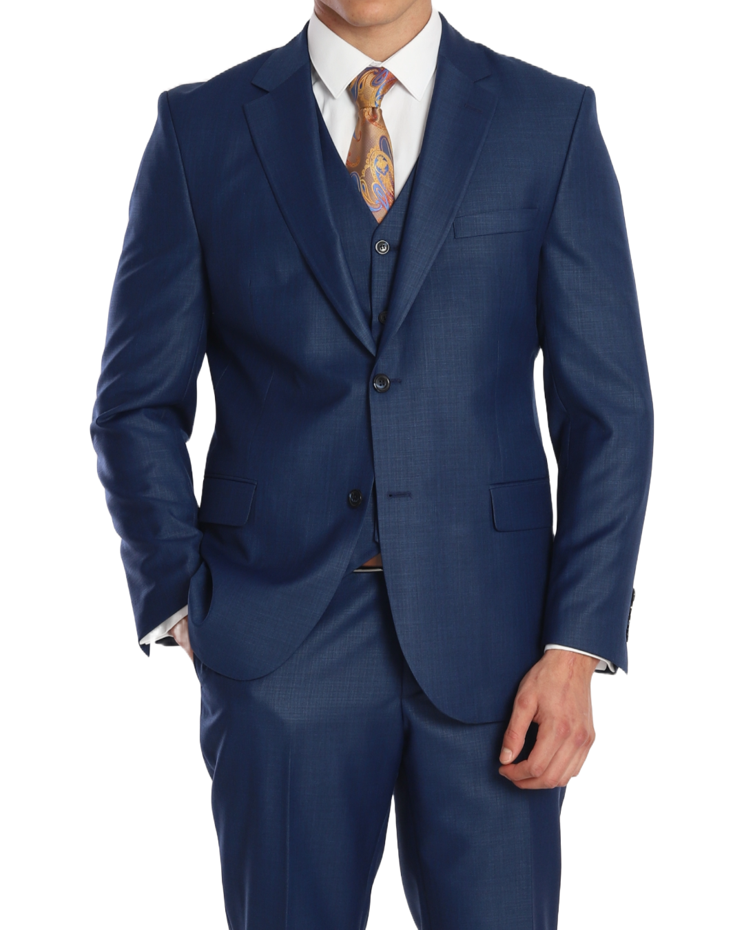 A navy plain three piece suit with a blazer, waistcoat, and trousers, paired with a patterned tie.