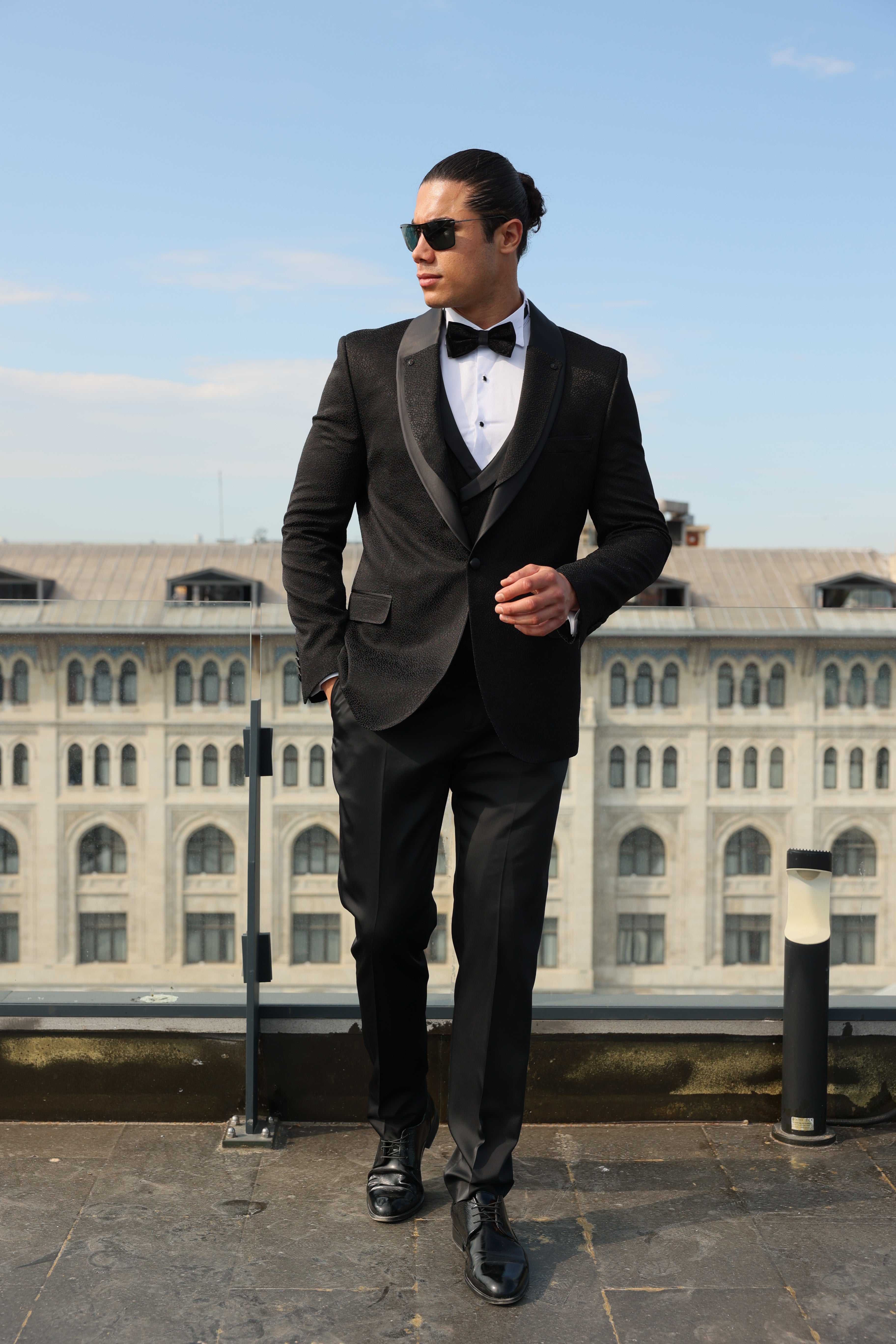 Men's Black Jacquard Four Piece Dinner & Wedding Suit by ECCA LONDON