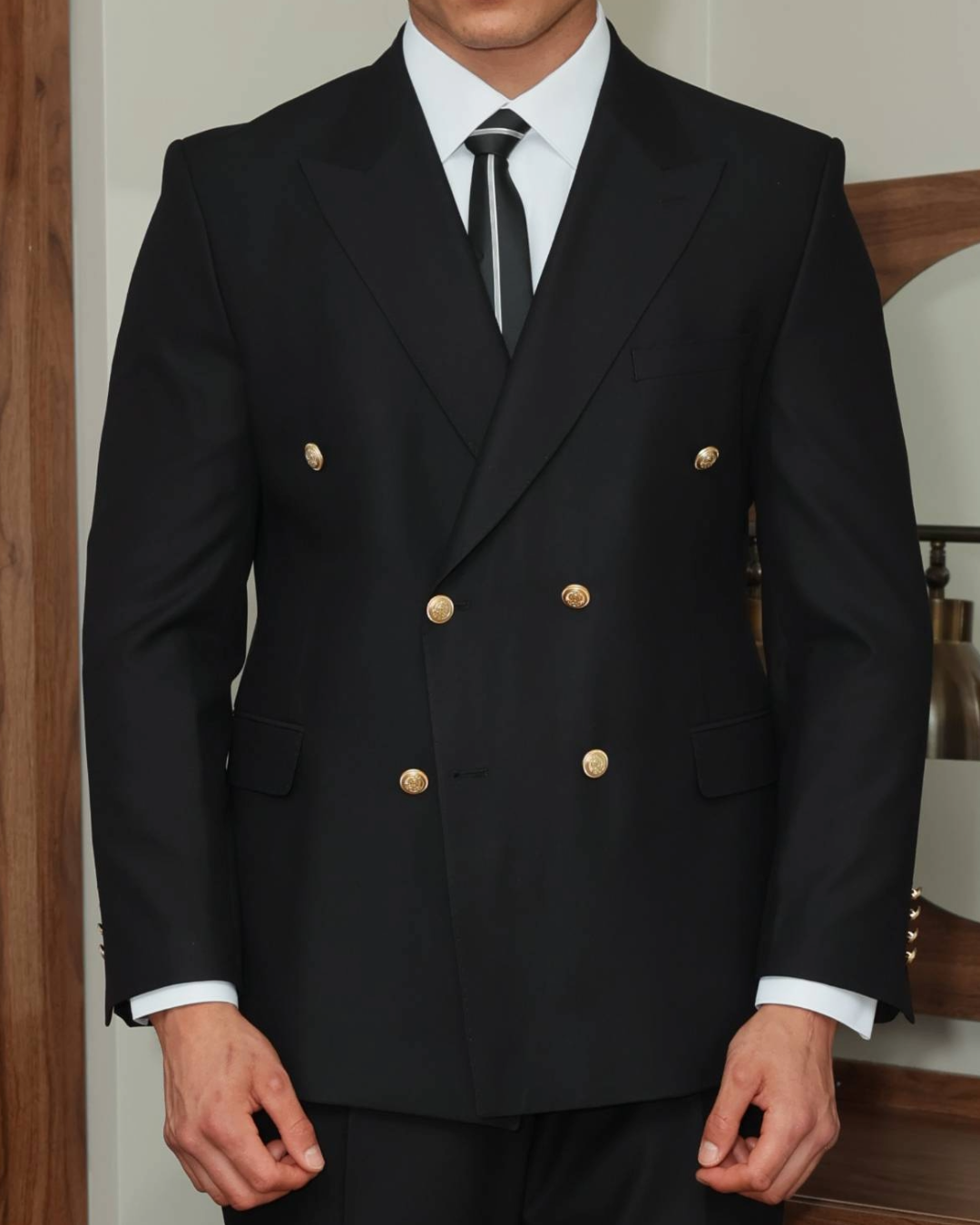 Men's ICONIC Black Double Breasted Suit With Golden Crested Buttons