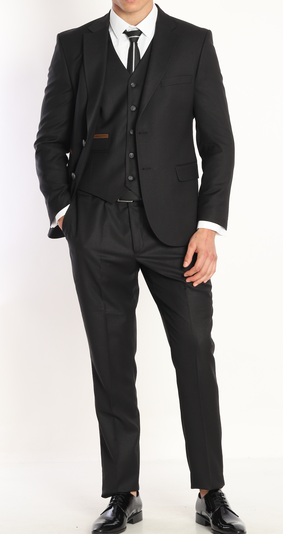 Black three piece suits for men by designer
