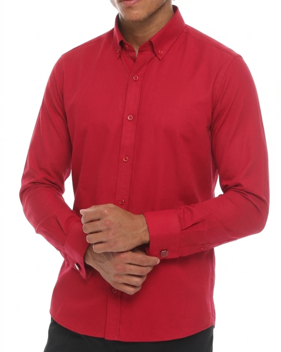 Men's luxury red shirt with double cuffs and button detail, showcasing premium cotton fabric for elegance.