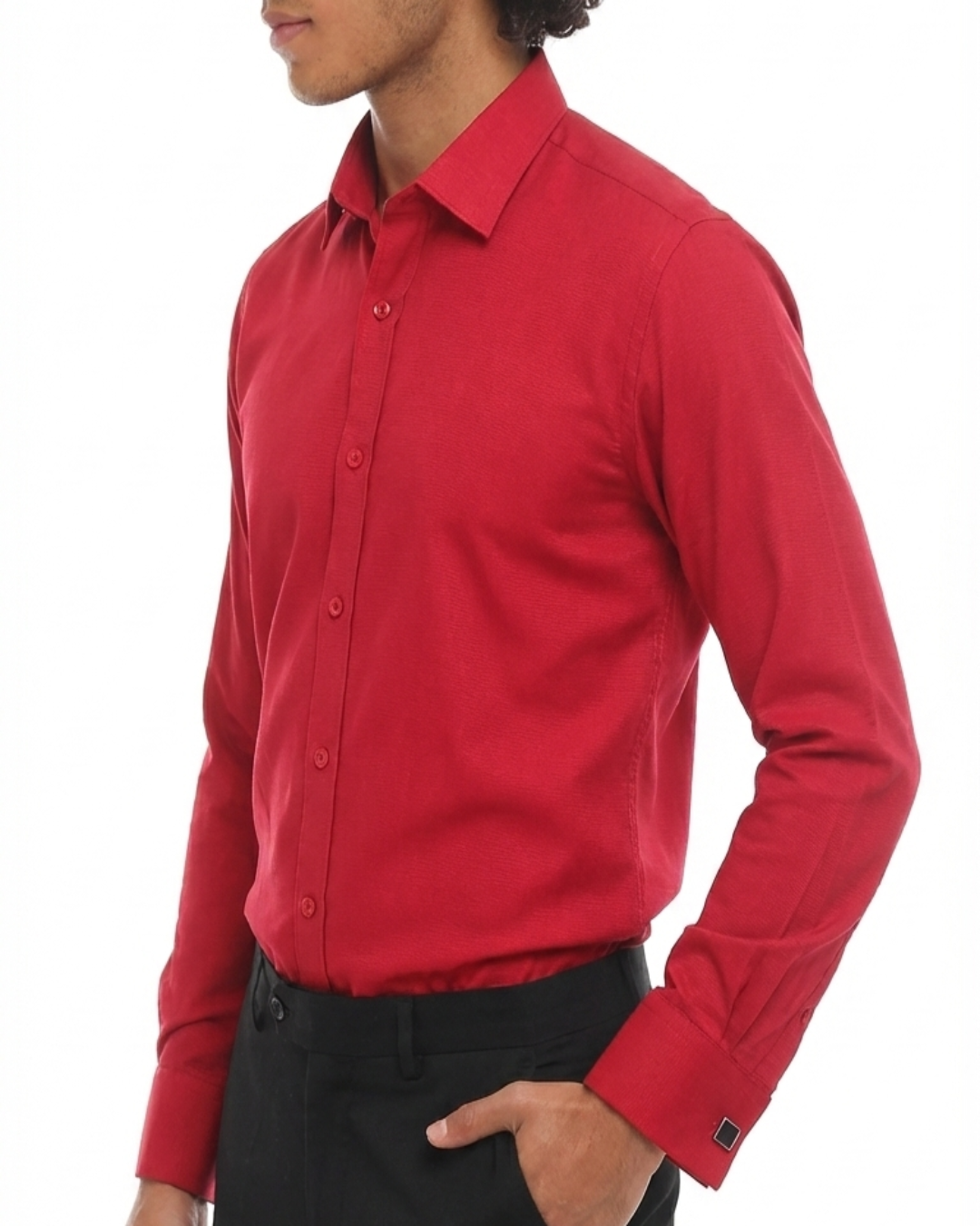 Men's luxury red shirt with double cuffs displayed on a model, showcasing premium cotton fabric and sophisticated style.