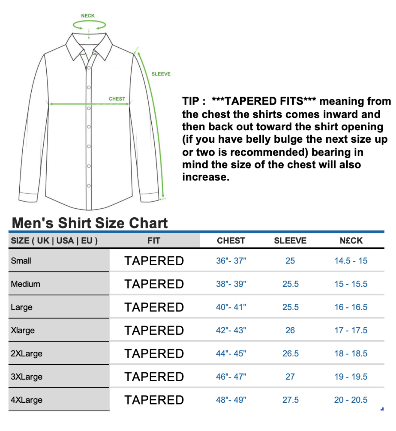 Black Stripe with White Collar Shirt Size Chart by ECCA LONDON DESIGN