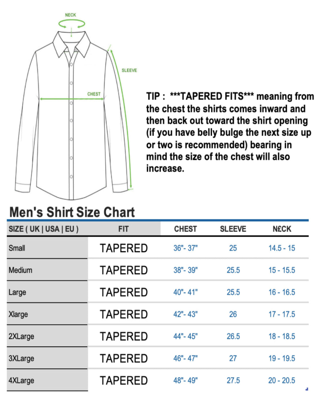 ICONIC LIBERTY Print Shirt for Men Shirt Size Chart by ECCA LONDON DESIGN