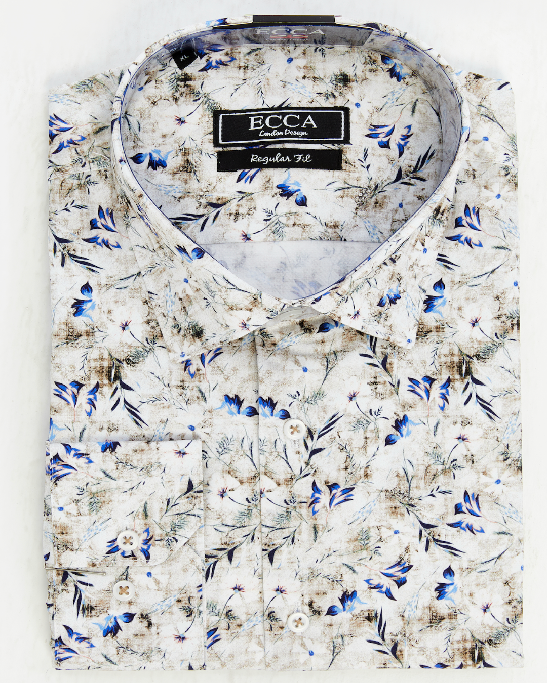 Floral patterned printed shirt with 'ECCA London' label on a brownish background