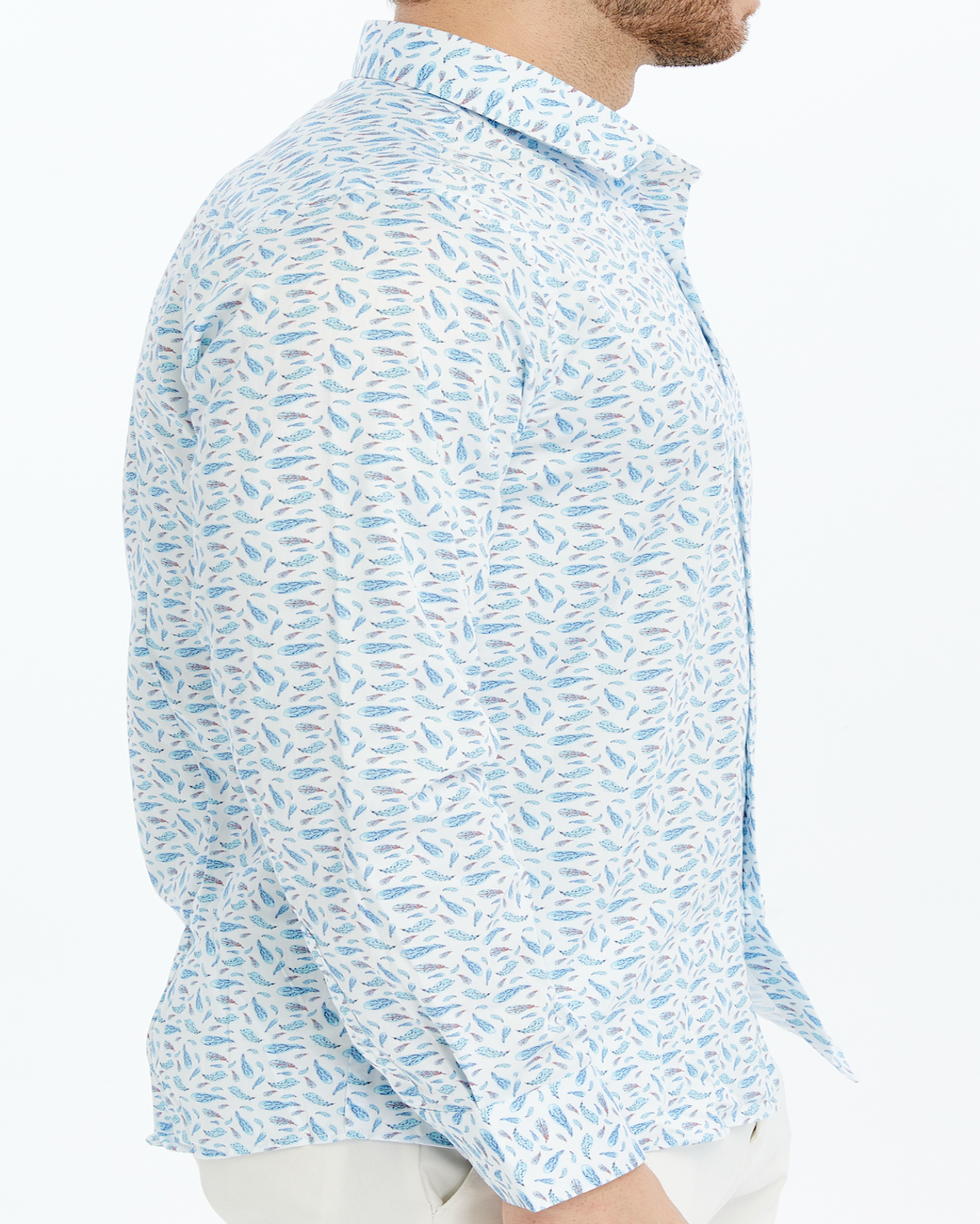 light blue print floral shirt on a white background