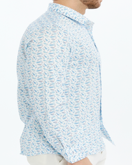 light blue print floral shirt on a white background