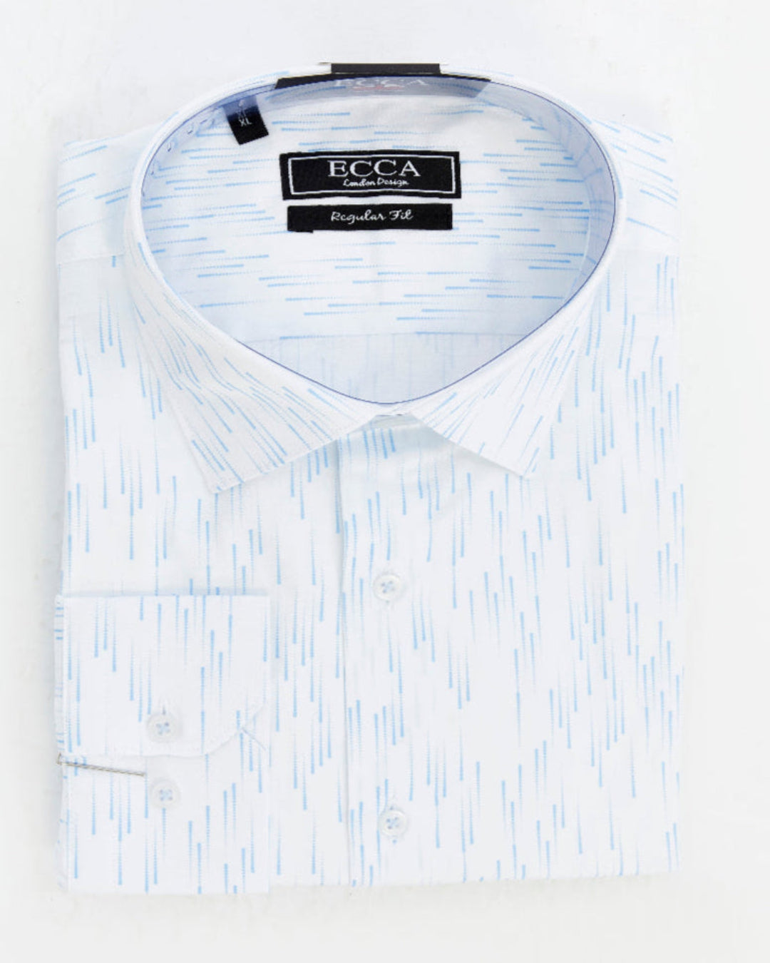 White dress shirt with blue printed pattern on a white background , and ECCA London 