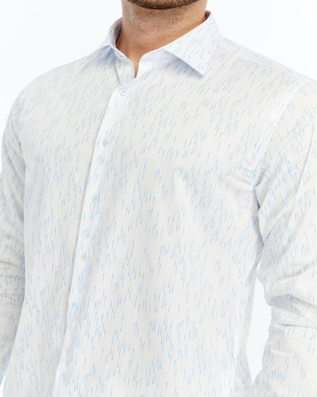 White shirt with blue printed stripes on a white background
