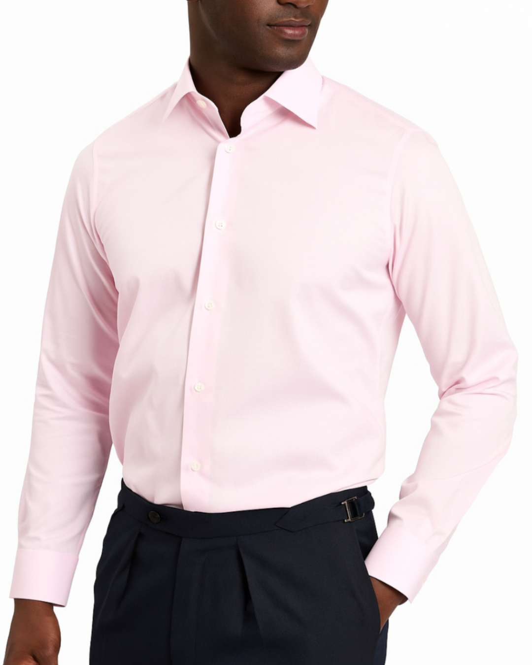 Get pink dress shirt and black pants by ECCA LONDON