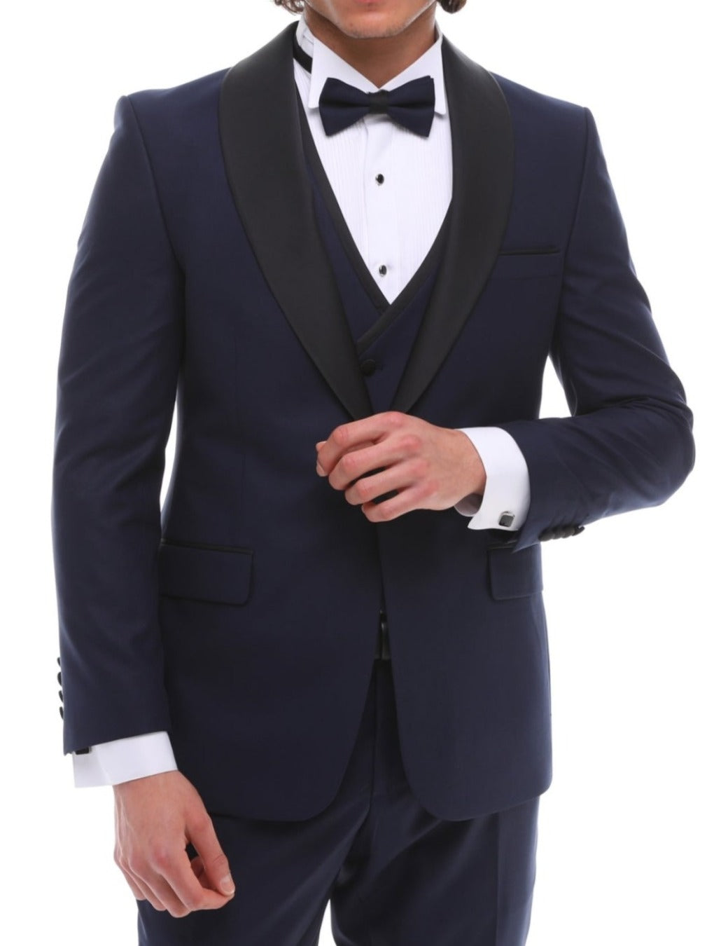 Men navy tuxedo with satin details and a shawl lapel, including a white shirt and bow tie.