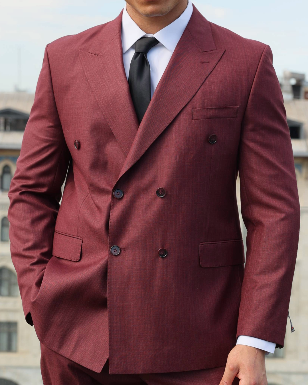 Men's Superb Burgundy Texture Double-Breasted Suit With Caramel Crested Buttons