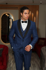 Men's Royal Blue 4 Piece Suit- Royal Blue & Satin Details Shawl Lapel Tuxedo by ECCA LONDON