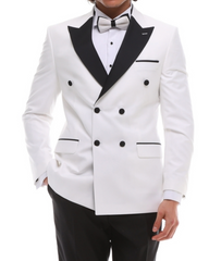 Men's White Double Breasted Suit - White & Black Tuxedo