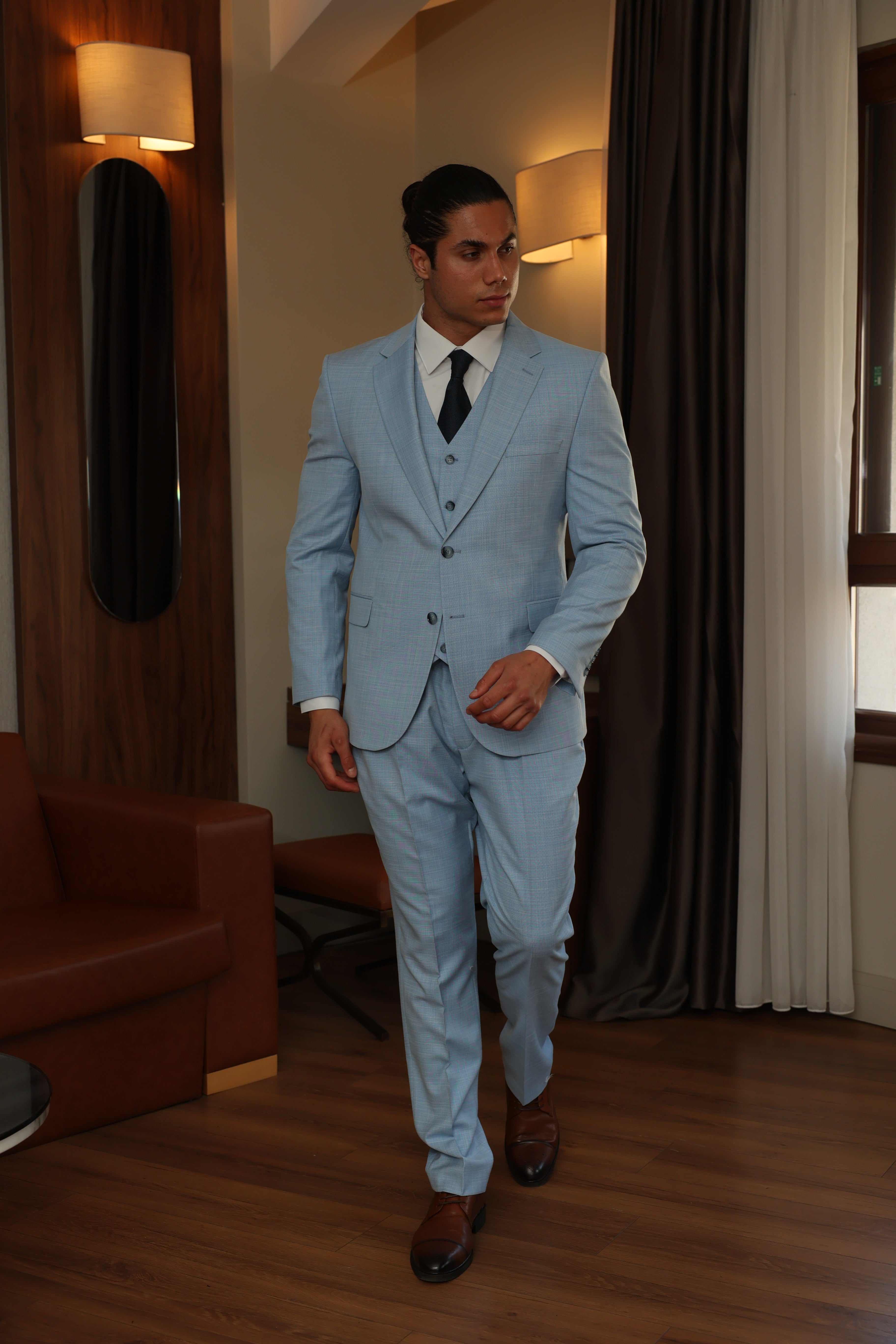 Men's Blue Texture Three-Piece Suit by ECCA LONDON