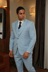 Men's Baby-Blue Texture Three-Piece Suit