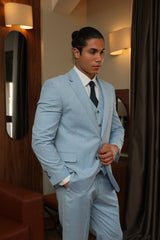 Baby-Blue Texture Three-Piece Suit for Men by ECCA LONDON