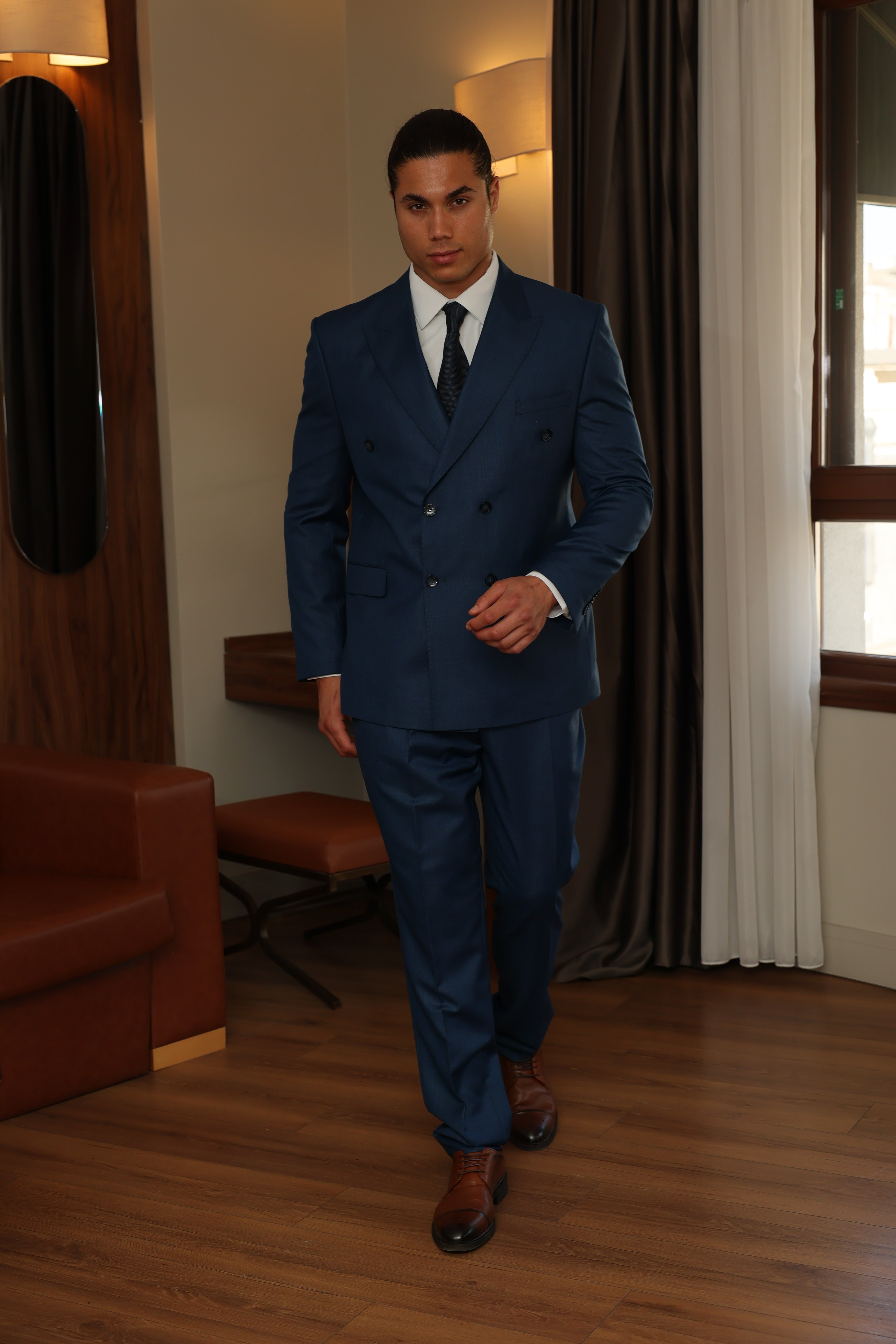 Blue Texture Double-Breasted Suit With Blue Crested Buttons for Men by ECCA LONDON