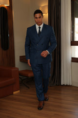 Blue Texture Double-Breasted Suit With Blue Crested Buttons for Men by ECCA LONDON