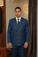 Men's Blue Texture Double-Breasted Suit With Blue Crested Buttons