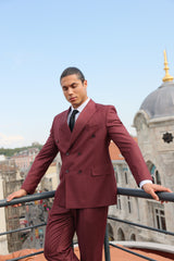 Men's Burgundy Texture Double-Breasted Suit With Caramel Crested Buttons