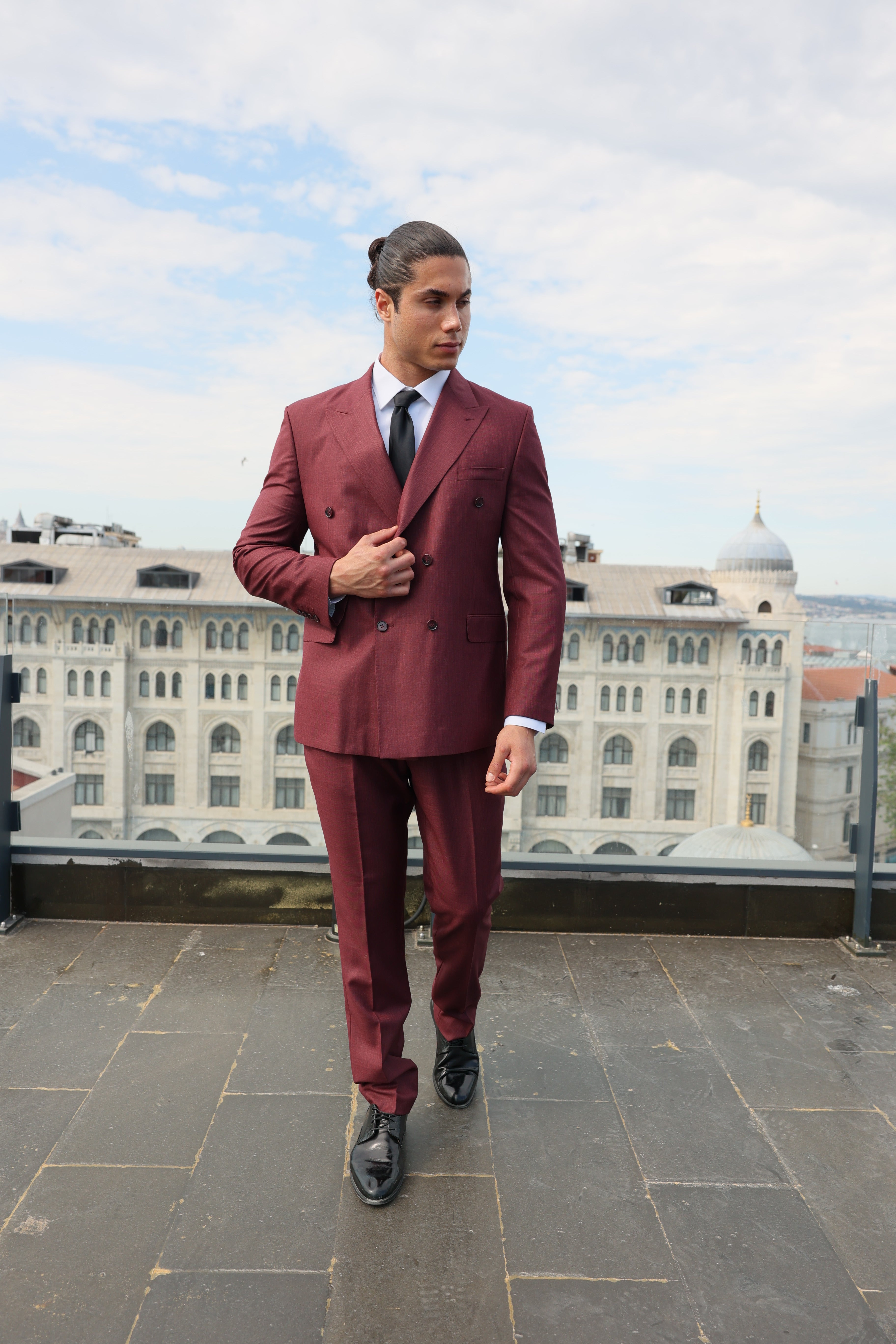 Superb Burgundy Texture Double-Breasted Suit With burgundy Crested Buttons for Men