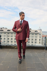 Superb Burgundy Texture Double-Breasted Suit With burgundy Crested Buttons for Men