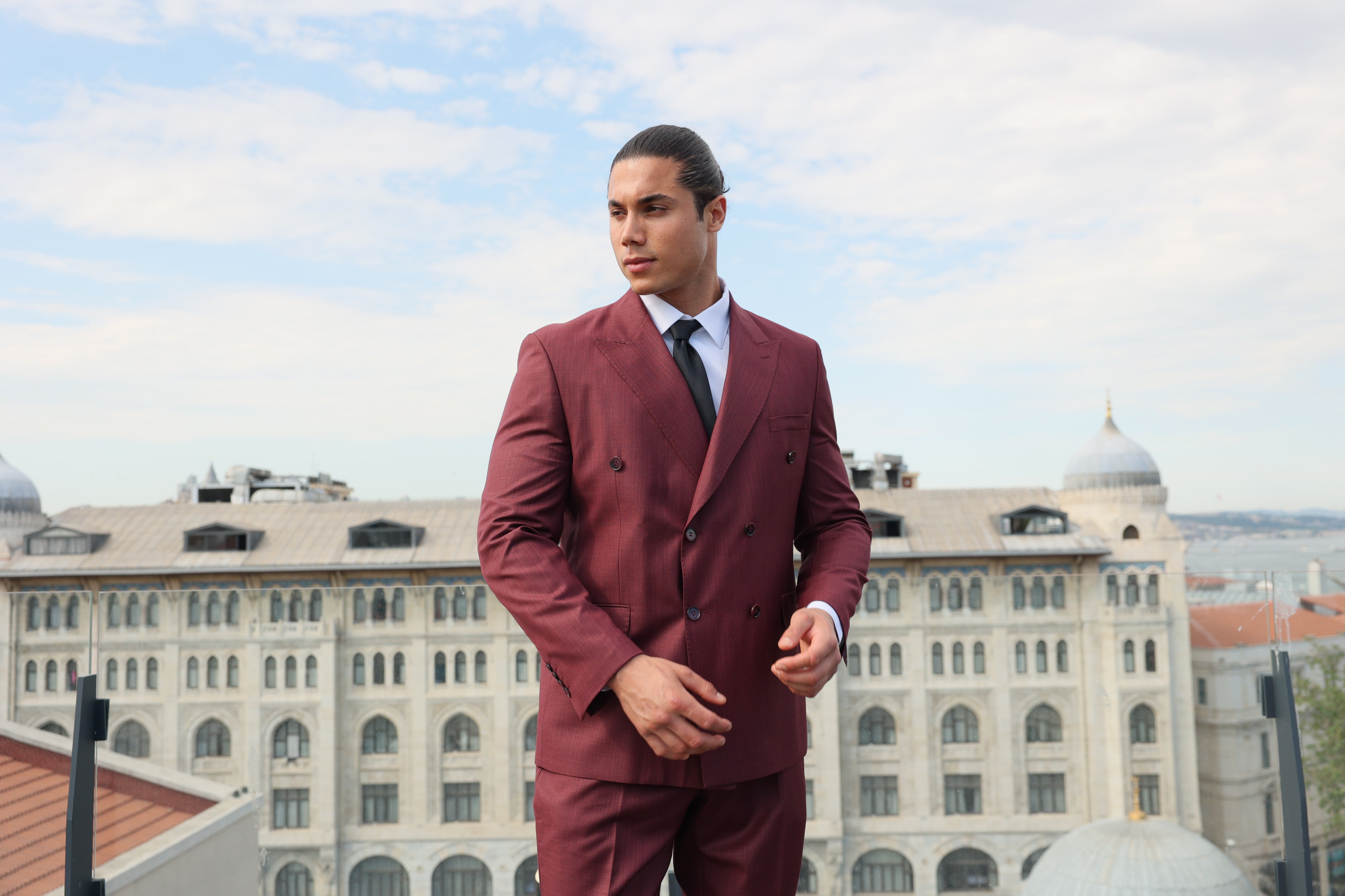 Men's Burgundy Texture Double-Breasted Suit With Caramel Crested Buttons by ECCA LONDON