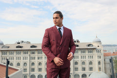 Men's Burgundy Texture Double-Breasted Suit With Caramel Crested Buttons by ECCA LONDON