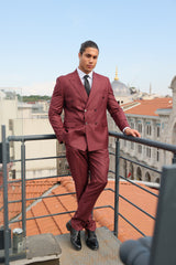 Burgundy Texture Double-Breasted Suit With burgundy Crested Buttons for Men