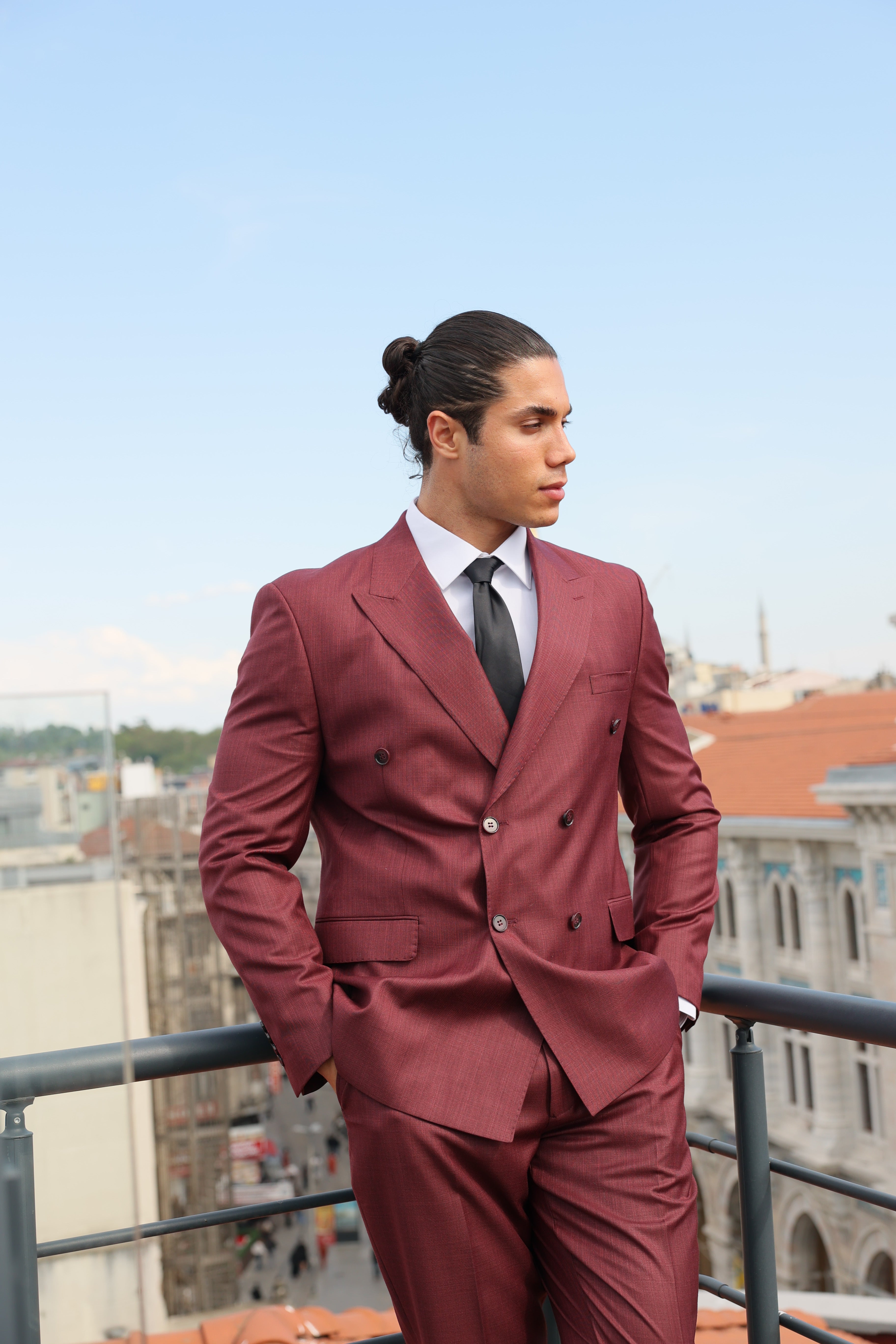 Burgundy Texture Double-Breasted Suit With Caramel Crested Buttons for Men by ECCA LONDON