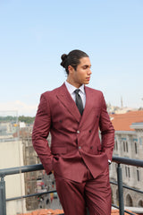 Burgundy Texture Double-Breasted Suit With Caramel Crested Buttons for Men by ECCA LONDON