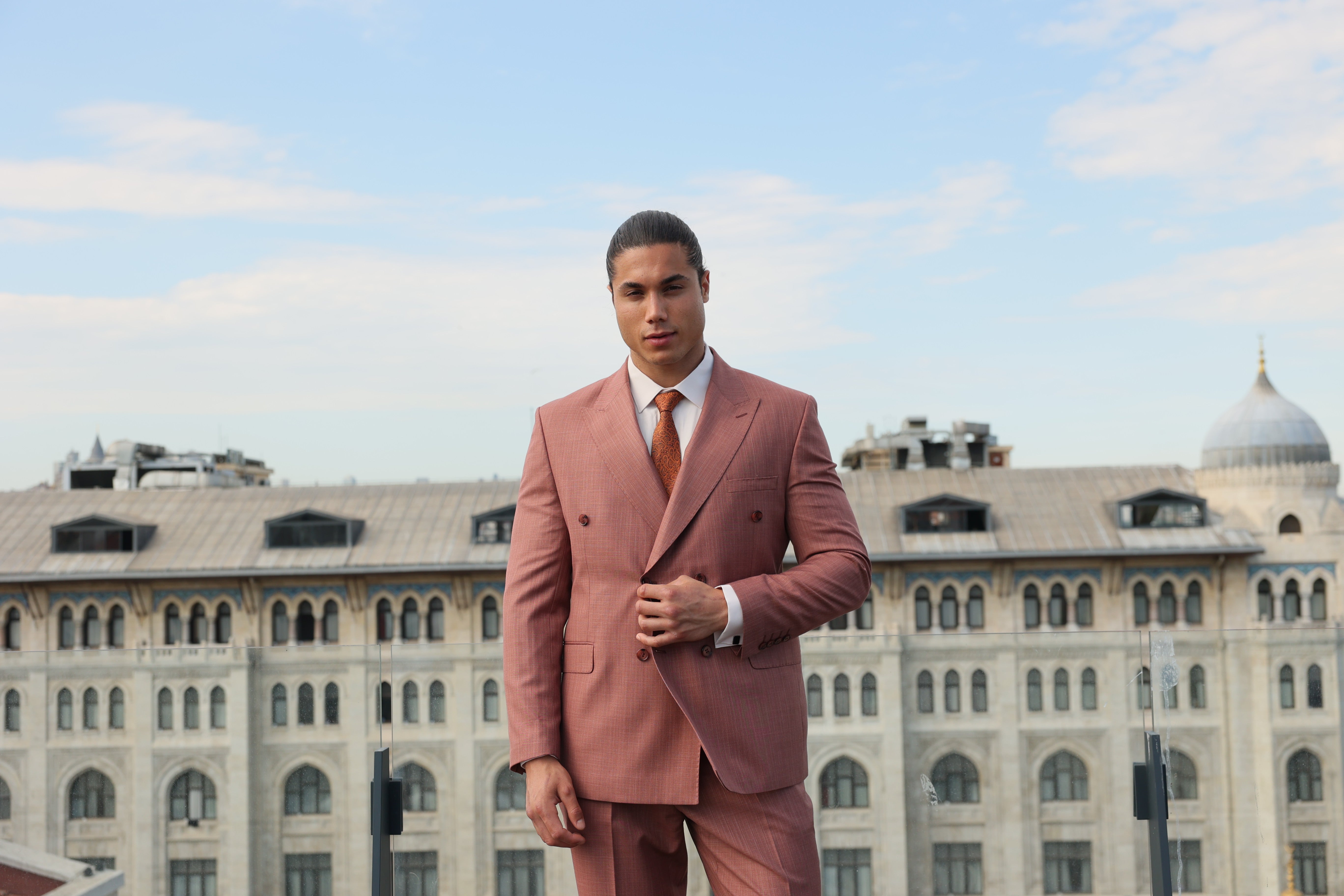 Men's Caramel Texture Double-Breasted Suit With Caramel Crested Buttons by ECCA LONDON