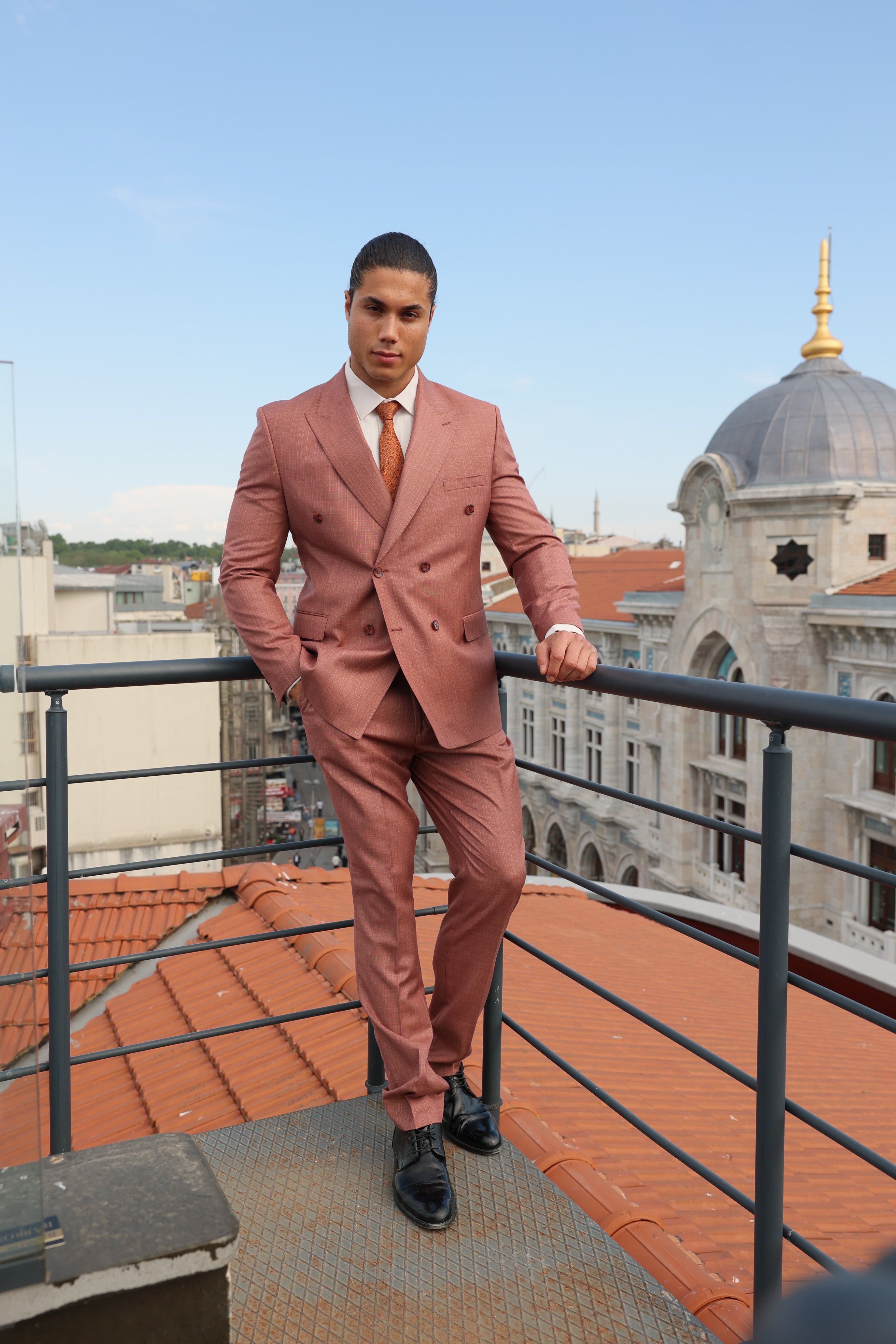 Brick Colour Texture Double-Breasted Suit With Caramel Crested Buttons for Men