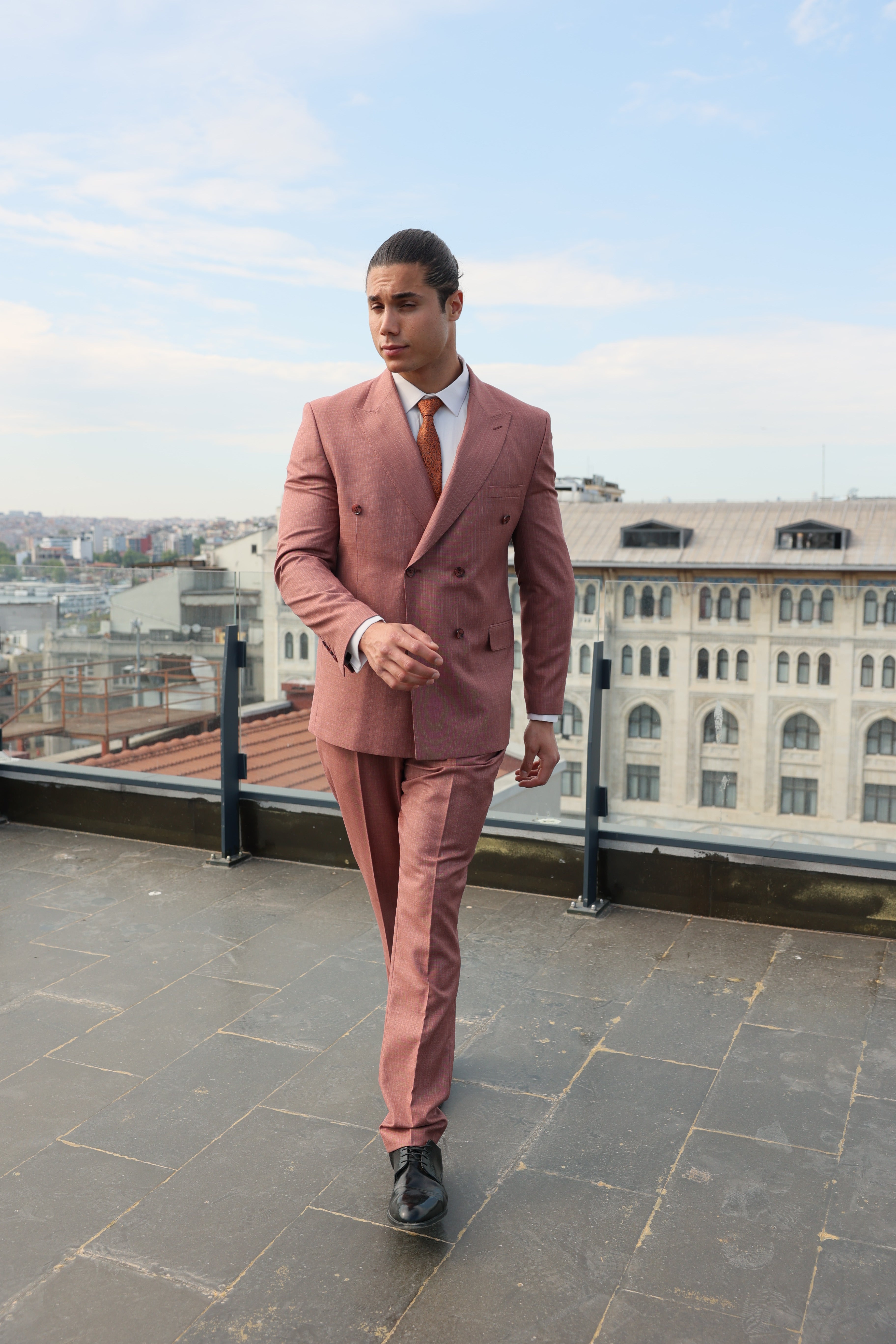 Men's Brick Colour Texture Double-Breasted Suit With Caramel Crested Buttons