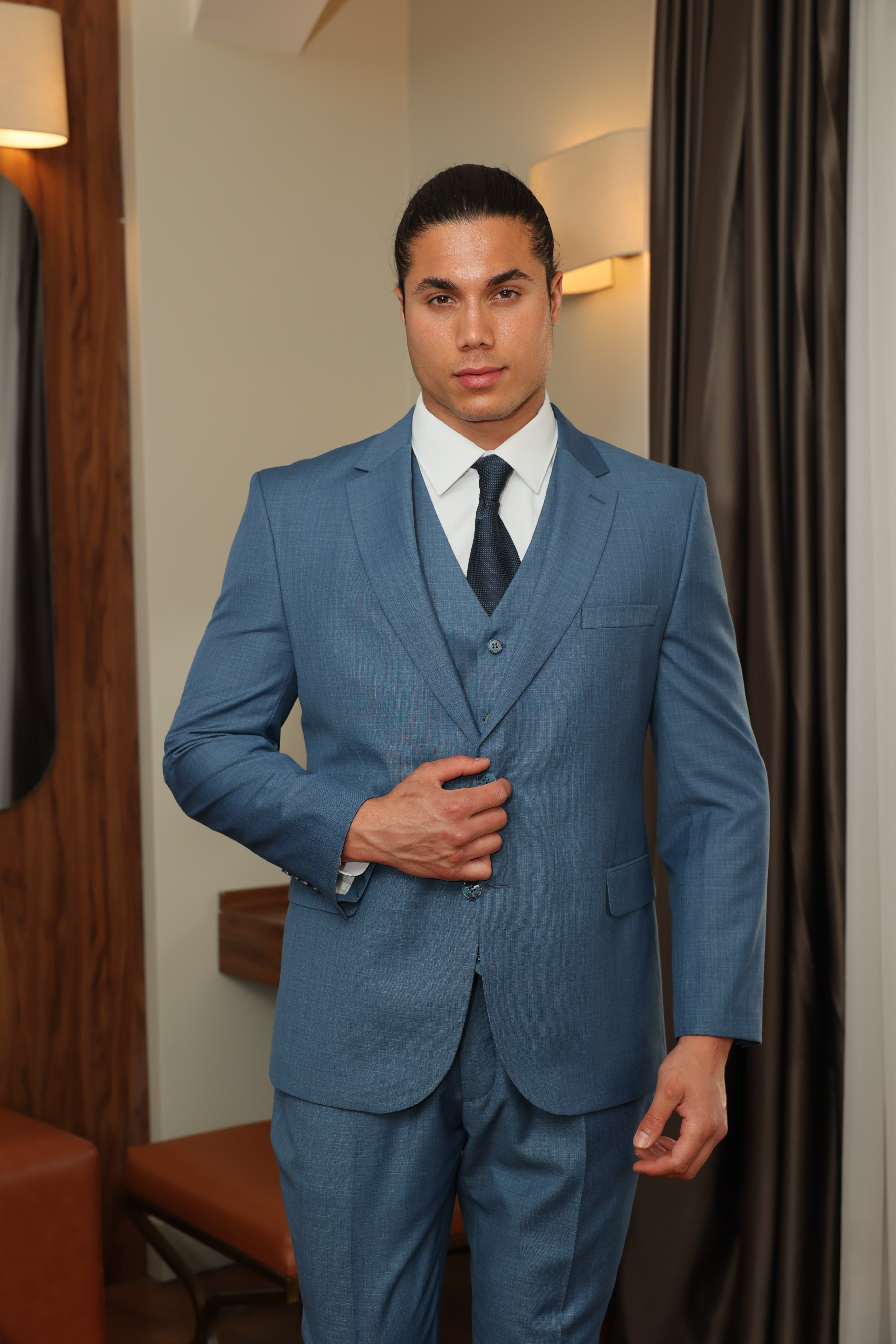 Aqua-Blue Texture Three-Piece Suit by ECCA LONDON
