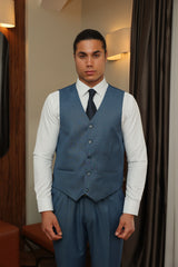Aqua-Blue Texture Three-Piece Suit for Men