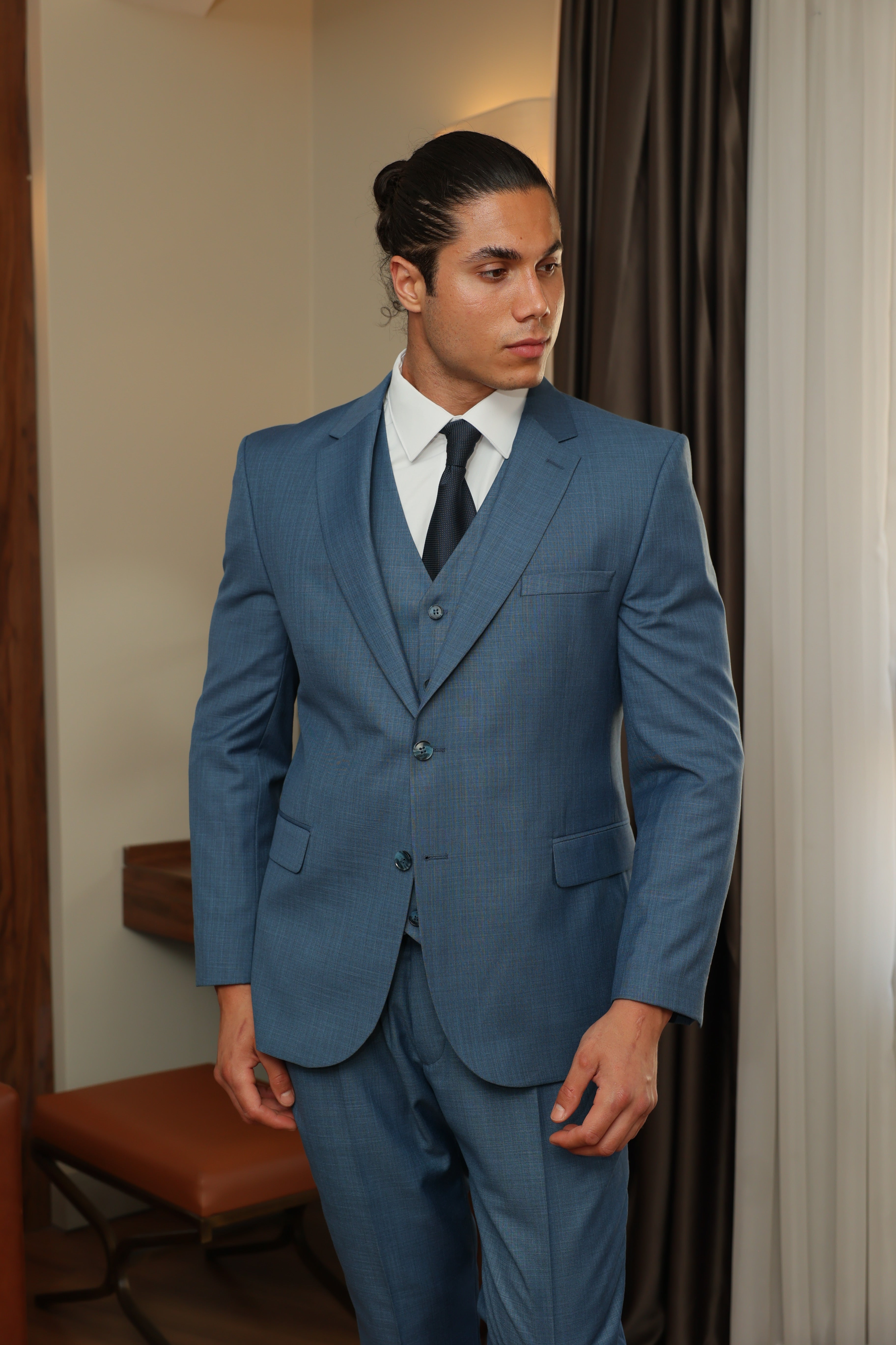 Aqua-Blue Texture Three-Piece Suit by ECCA LONDON