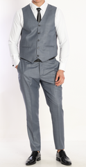 Men's Three-piece suit with a bluish grey plain design, consisting of a waistcoat, trousers, and a jacket with a notch lapel.