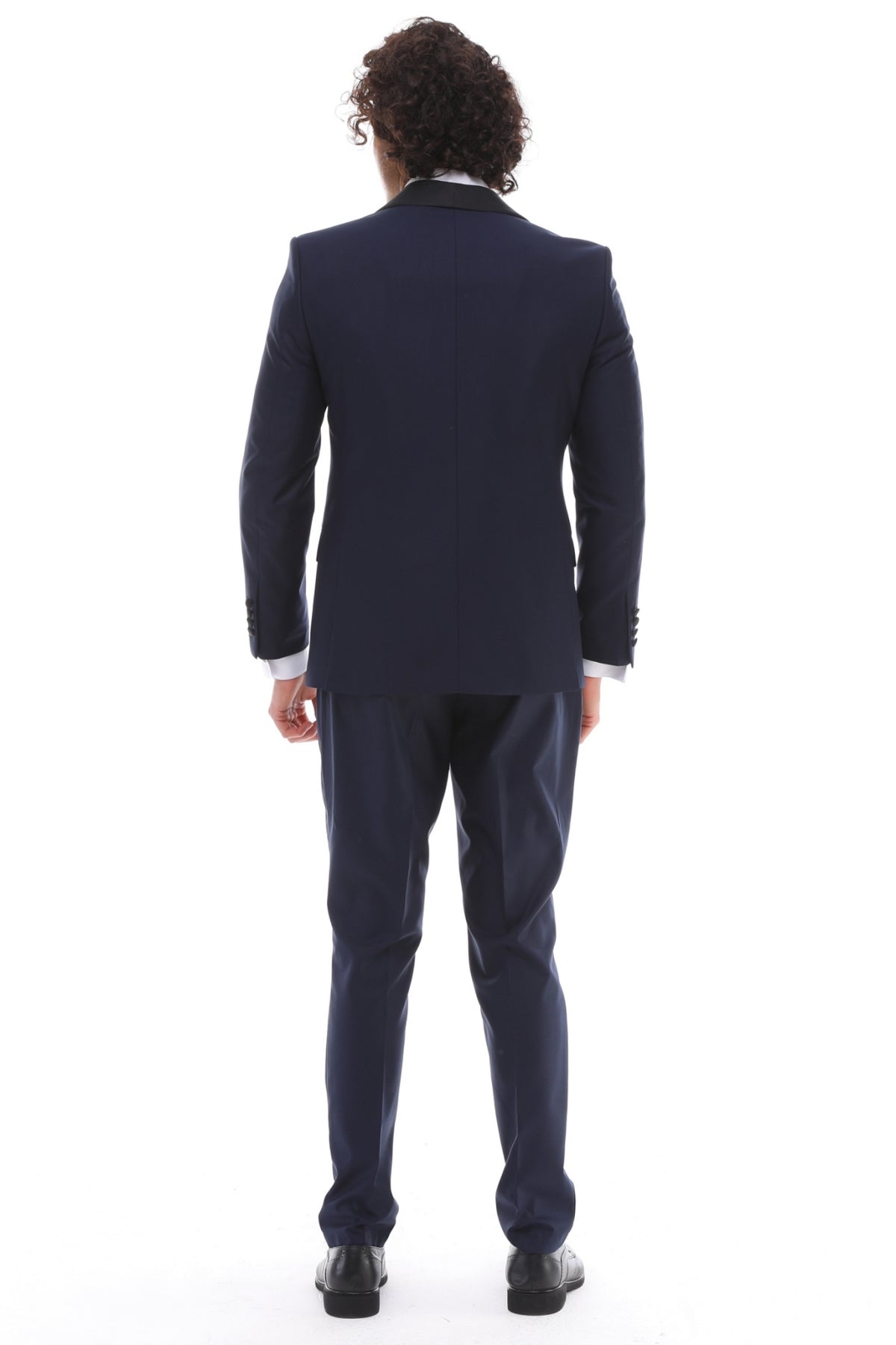 Mens Navy tuxedo suit with satin details and a shawl lapel