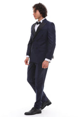 Men's ANTIQUE Navy Double-Breasted Tuxedo - Navy & Black Satin Details Suit
