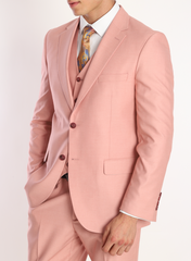 Pink three-piece suit for men with a notch lapel, jacket, and a patterned pocket square.
