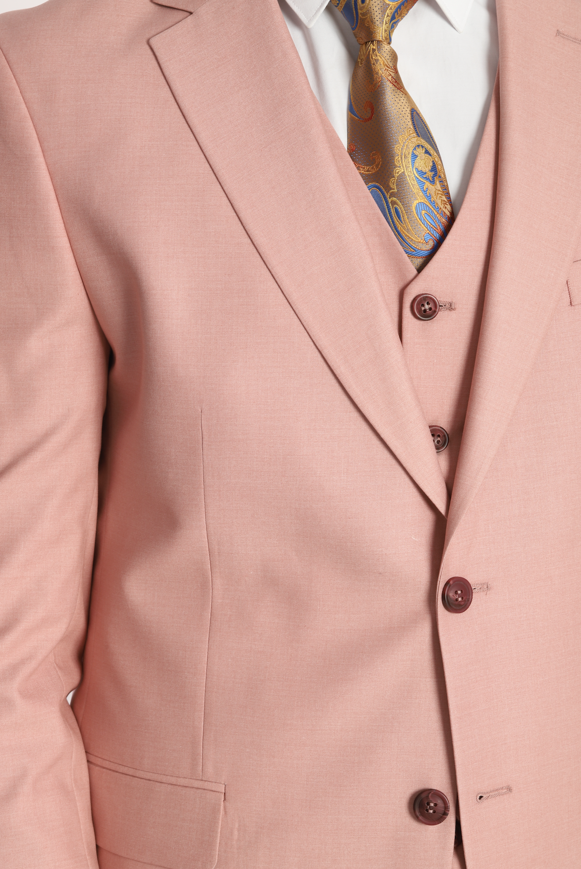 Mens Pink three-piece suit with a notch lapel, jacket , waistcoat and trouser