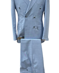 Men's ICONIC Sky Blue Texture Double Breasted Suit With Sky Blue Crested Buttons