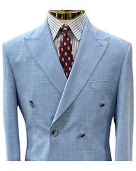 Men's ICONIC Sky Blue Texture Double Breasted Suit With Sky Blue Crested Buttons