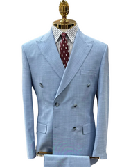 Men's ICONIC Sky Blue Texture Double Breasted Suit With Sky Blue Crested Buttons