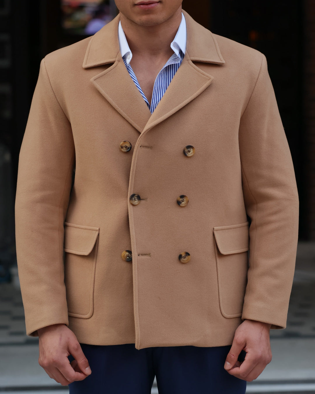 Men's Camel Double-Breasted Short Overcoats by ECCA LONDON Design