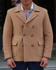 Men's Camel Double-Breasted Short Overcoats by ECCA LONDON Design