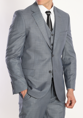 Three-piece suit with a bluish grey plain design, consisting of a waistcoat, trousers, and a jacket with a notch lapel.